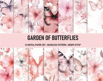 GARDEN OF BUTTERFLIES-Digital Paper Pack - 14 JPegs - Instant download -Seamless patterns -Watercolor design- Blush Pink