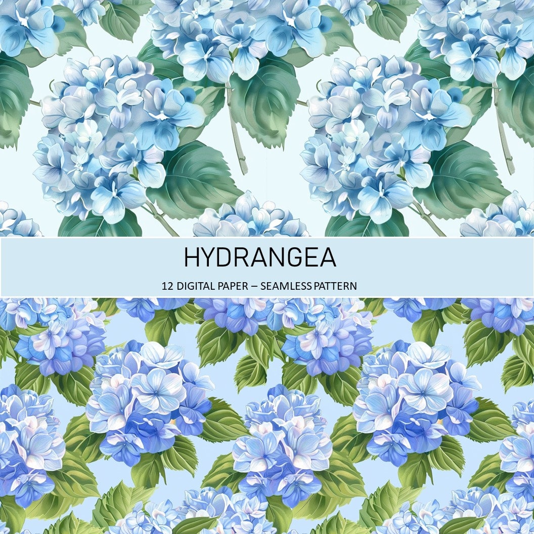 HYDRANGEA Digital Paper Pack- Seamless Pattern- 12jpegs Soft Blue ...