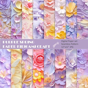 Lila Frühling Kirigami Digitales Papier | 3D Blumen Muster, Pastell Papier Ausschnitt Textur, Scrapbook, Einladungen, Handwerk-Kommerzielle Nutzung