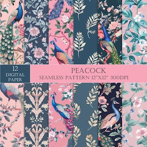May include: A set of 12 digital papers featuring peacock and floral patterns. The papers are 12 inches by 12 inches and 300 DPI. The patterns are in shades of blue, green, pink, and gold.