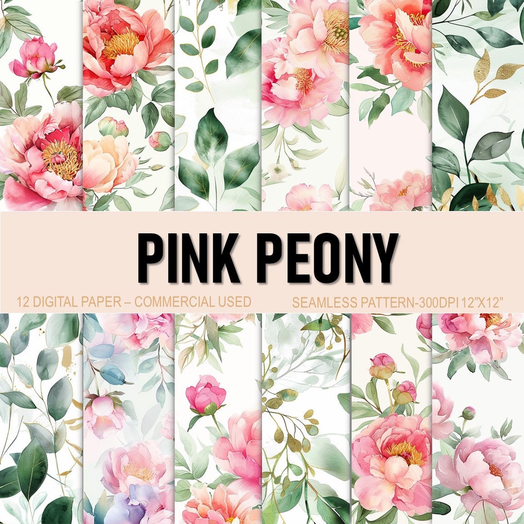 Pink Peony Watercolor Floral: Seamless Digital Paper (12 Jpegs/12 PNG ...