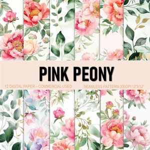 May include: Twelve digital papers featuring a seamless pattern of pink peonies and green leaves on a white background. The text "PINK PEONY" is displayed in a pink banner at the top of the image. The text "12 DIGITAL PAPER - COMMERCIAL USED" is displayed in the bottom left corner of the image. The text "SEAMLESS PATTERN - 300DPI 12"X12" is displayed in the bottom right corner of the image.