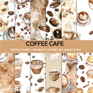 Coffee Cafe Digital Paper - nahtlose Muster - Coffee-Shop-Kaffee - Aquarellpapier - Kaffeetag, Kaffeeliebhaber- kommerzielle Nutzung