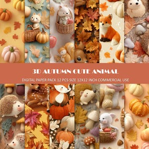 3D Autumn Animal Digital Paper: Fox, Squirrel, Pumpkin (Instant Download)