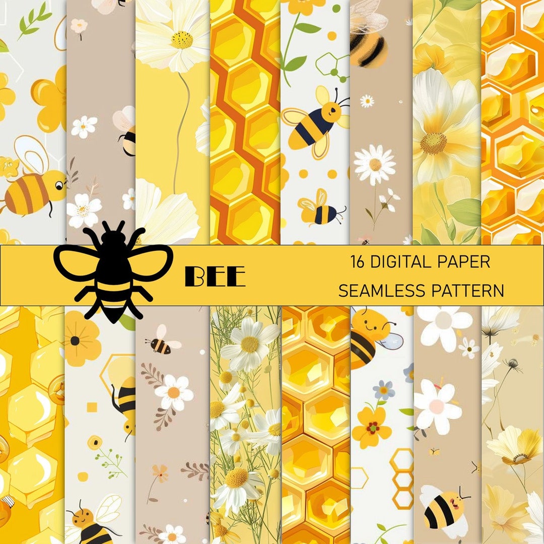 Bee Seamless Pattern Digital Paper Pack | Honeycomb & Floral Designs ...