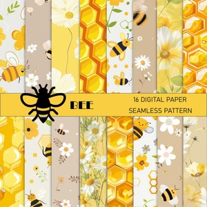 Pacote de papel digital com padrão de abelha sem costura | Desenhos de favo de mel e florais | Scrapbooking | Suprimentos para artesanato | Download instantâneo