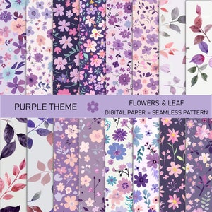 Puede incluir: Una colección de papeles digitales con patrones florales y de hojas en tonos morados, rosas y azules. El texto "PURPLE THEME" y "FLOWERS & LEAF DIGITAL PAPER - SEAMLESS PATTERN" se muestra en una pancarta lavanda.