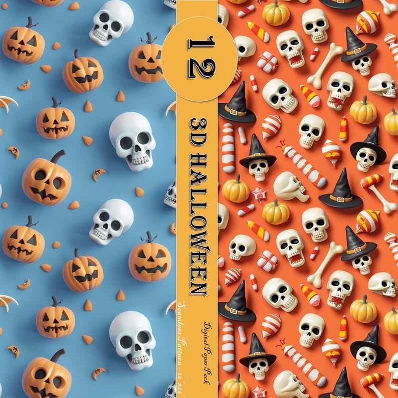 3D Halloween Digital Paper Pack: Spooky Seamless Patterns (12x12 Inch ...