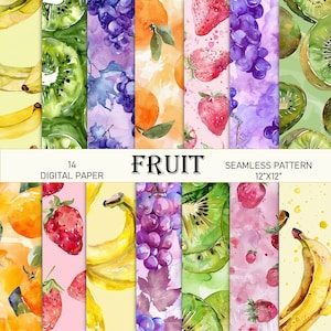 FRUIT Digital Paper Pack- 12 jpg digitaal papier, naadloos patroon, kleurrijke aquarelstijl