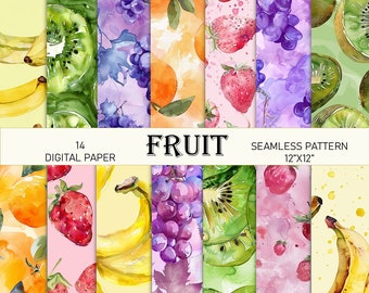 FRUIT Digital Paper Pack- 12 jpg digital paper, seamless pattern, colorful watercolor style