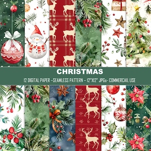 Puede incluir: Una colección de 12 papeles digitales con temática navideña con patrones sin costuras. Los diseños incluyen renos, adornos, árboles de Navidad y acebo. Cada papel mide 30.48 cm x 30.48 cm y es adecuado para uso comercial. La palabra "CHRISTMAS" se muestra en el centro.