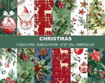 Christmas Digital Paper Pack: Watercolor Holiday Patterns (12x12 JPGs)