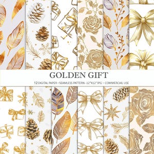 GOUDEN CADEAU Digitaal papier - Digital Paper Pack - 12 jpegs - naadloze patronen - bladgoud, gouden dennenappels - witgoud - Commercieel gebruik