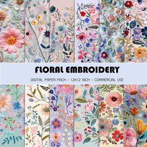 Floral Embroidery Digital Paper Pack - 12 jpg digital paper - Embroidery style - commercial use