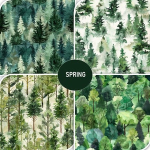 Digitalt papper med akvarellskog: 3 årstiders sömlösa mönster (digital nedladdning)