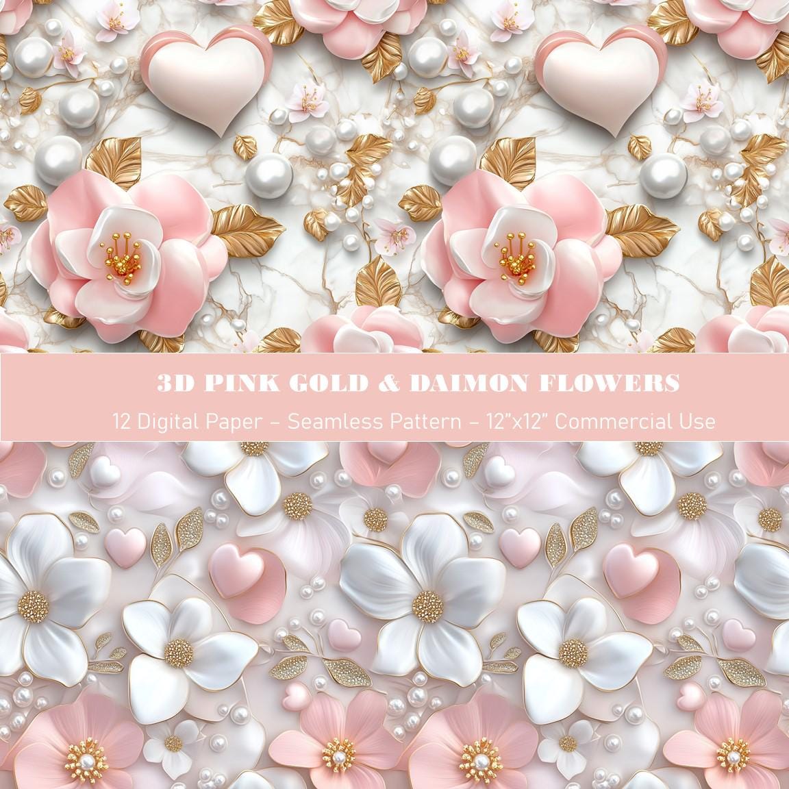 3D Pink Gold Floral Digital Paper: Seamless Diamond Patterns (digital ...
