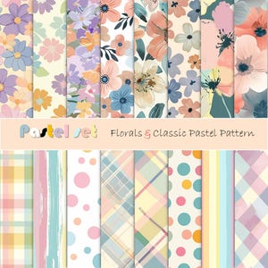 以下が含まれることがあります： パステルカラーのデジタルペーパーパターン10点セット。パターンには、花柄、格子柄、水玉模様が含まれています。