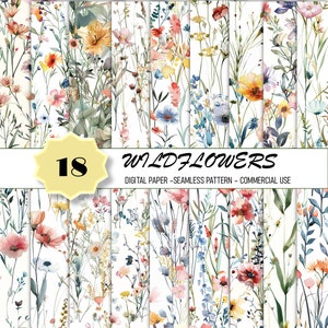 May include: A set of 18 digital papers featuring watercolour wildflower patterns. The patterns are seamless and can be used for commercial purposes. The text "WILD FLOWERS" is displayed at the top of the image.