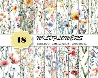Wildflowers Digital Paper Pack | 18 Seamless Patterns | Floral Printable Backgrounds| watercolor flower  | Commercial Use