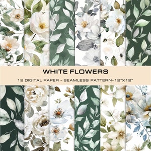 WEISSE BLUMEN Digitales Papier Set - nahtlose Muster - 12 jpg, 12x12 Zoll - wunderschöner Aquarellstil für kommerzielle Nutzung