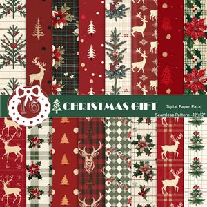 KERSTCADEAU - afdrukbaar digitaal, naadloos patroon, kerstpatroon, hertenpatroon, vakantiecadeau - kersttijd, traditioneel, bos