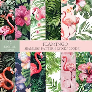 以下が含まれることがあります： ピンクのフラミンゴ、熱帯の葉、ハイビスカスの花をフィーチャーした12種類のデジタルペーパーデザインのセット。ペーパーはシームレスで、300 DPIで12インチ×12インチです。
