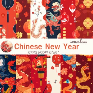 Chinese New Year, Lunar New Year -  Digital Papers - Commercial Use - Scrapbook Paper - Asian Seamless Pattern - Cute Designer Paper