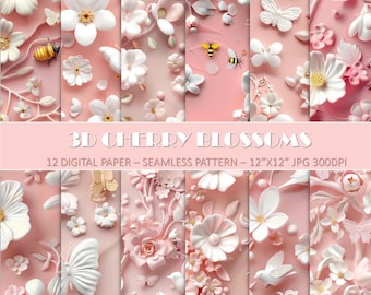 3D Cherry Blossoms Digital Paper Pack | 12 Seamless Patterns | Floral 3D |Seamless patterns, Printable Backgrounds,bush pink,Commercial Use