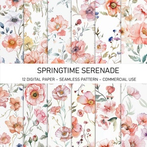 以下が含まれることがあります： 水彩画の花柄がシームレスに描かれたデジタルペーパー12枚セット。ピンク、ピーチ、グリーンの色合いで、招待状、カード、スクラップブックのページ、その他のクラフトプロジェクトの作成に最適です。  "Springtime Serenade - 12 Digital Paper - Seamless Pattern - Commercial Use"