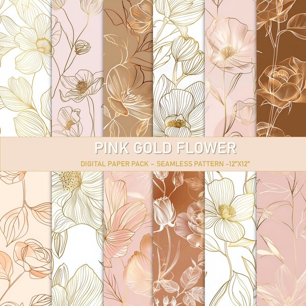 Pink Gold Flower Digital paper - Digital Paper Pack - 12 JPegs -seamless patterns -pink gold-brown gold - white gold -commercail use