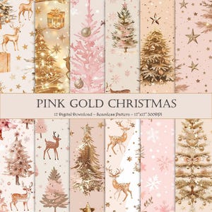 ROZE GOUDKERSTMIS - naadloos patroon - Kerstmis, traditioneel, cadeaubon, afdrukbaar digitaal papierpakket, roze goud naadloos, kerstkaart