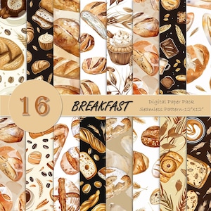 May include: A digital paper pack featuring 16 seamless patterns with a breakfast theme. The patterns include illustrations of various breads, pastries, coffee, and wheat. The color palette is warm, with shades of brown, beige, and black. The text "BREAKFAST" is visible.