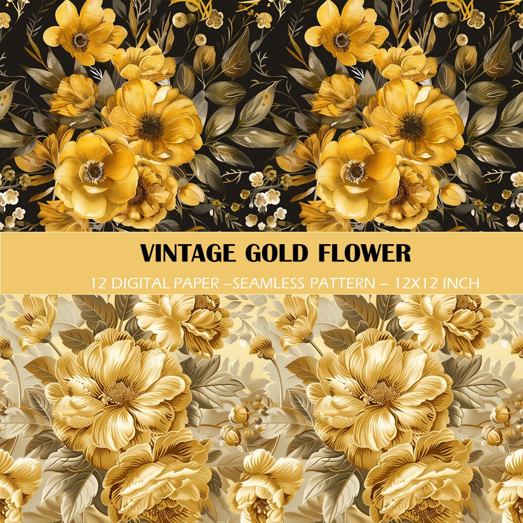 Vintage Gold Floral Digital Paper Pack: Seamless Watercolor Patterns ...