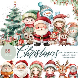 59 cliparts de Noël, rat mignon, elfe, ensemble de cliparts, Noël mignon, graphiques aquarelle de renne du père Noël, clipart Noël, cartes de Noël