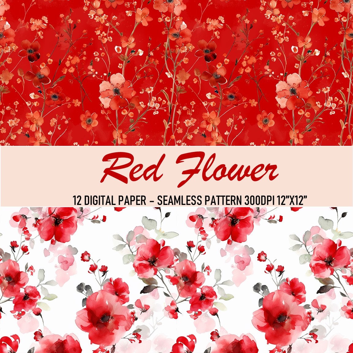Red Flower Watercolor Digital Paper: Seamless Floral Pattern (PNG/JPEG ...