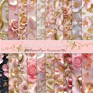 Modello senza cuciture floreale e cuori 3D - Decorazioni per la casa romantiche artigianali-Bush rosa-Wall Art-Carta digitale-San Valentino