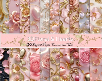 3D Floral and  Hearts Seamless pattern - Handcrafted Romantic Home Decor-Bush pink-Wall Art-Digital Paper-Valentine &#39;day