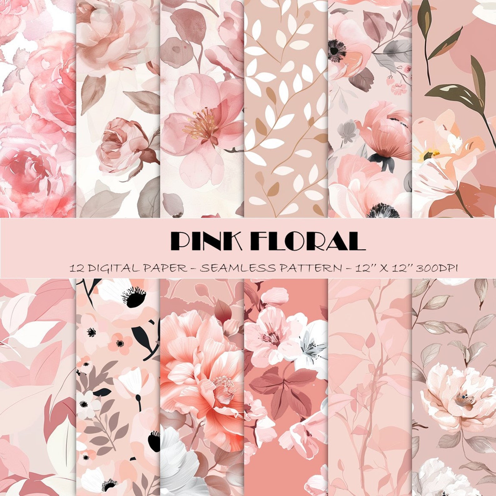 Blush Pink Floral Digital Paper: Seamless Watercolor Patterns (12 Jpegs ...