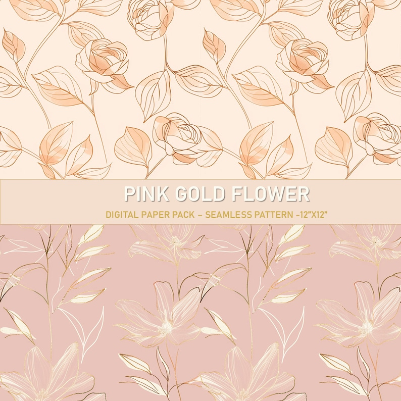 Pink Gold Flower Digital Paper: Seamless Floral Patterns (12x12in) - Etsy