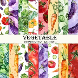VERDURA Confezione di carta digitale - Pomodoro, Carote, Melanzane, Broccoli e verdure miste - Stile acquerello - Uso commerciale