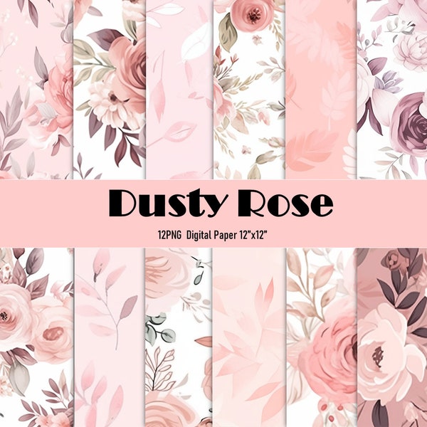 Dusty Rose digital paper - Digital Paper Pack - 12 JPegs/12PNG - instant download -seamless patterns -pink tone