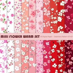 Puede incluir: Conjunto de 20 papeles digitales con patrones sin costuras de pequeñas flores rosas y blancas sobre fondos de varios tonos de rosa y rojo. El texto "MINI FLOWER WARM SET 20 Digital Paper - Seamless Pattern 12"x12"