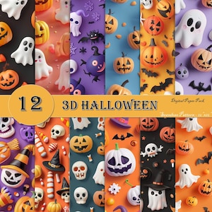 May include: A digital paper pack with 12 seamless patterns featuring 3D Halloween designs. The patterns include pumpkins, ghosts, bats, skulls, candy canes, and witch hats in various colors, including orange, purple, blue, and green.