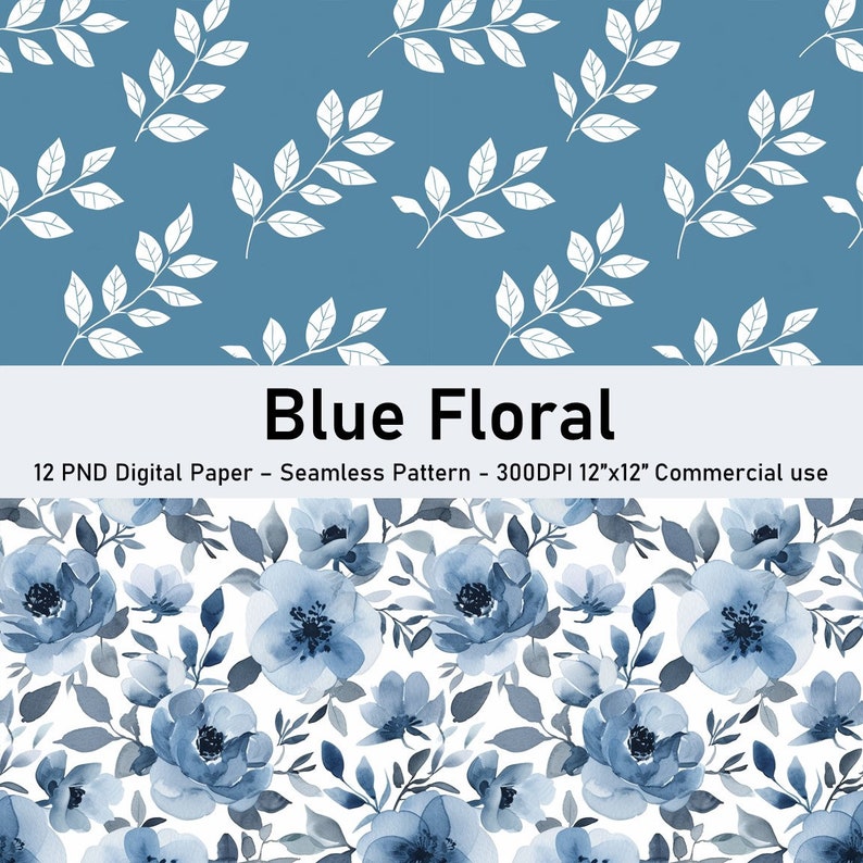 Blue Floral Watercolor Digital Paper: Seamless Pattern (12 Jpegs/12 PNG ...