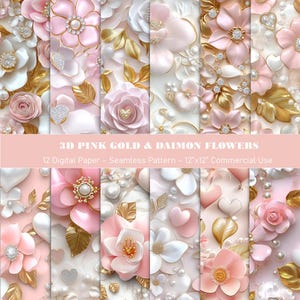 3D Pink Gold & Diamant Blumen Digitales Papier - Nahtlose Blumenmuster, Hochzeit Handwerk, Luxus Einladungen, Scrapbooking, DIY Projekte
