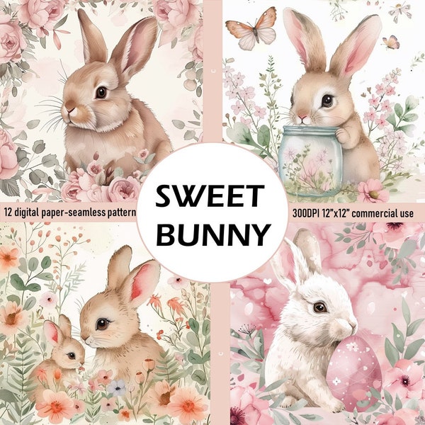 SWEET BUNNY Digital Paper - seamless pattern 12png/12 jpegs Eater watercolor, floral easter, sweet color