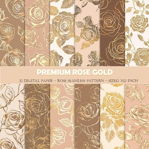 Pode incluir: Doze designs de papel digital com padrões sem costura de rosas douradas sobre um fundo rosa claro. Cada padrão mede 30,5 cm por 30,5 cm.