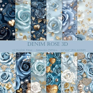 DENIM ROSE 3D - Confezione di carta digitale, motivo senza cuciture, rosa 3D, motivo floreale denim, denim senza cuciture, floreale 3D, floreale blu - Uso commerciale