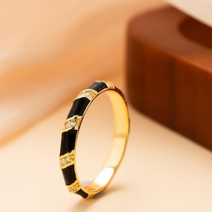Black Enamel CZ Ring • Dainty 18K Gold-Plated Stackable Sterling Silver Band
