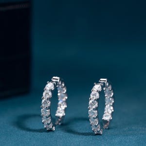 Moissanite Hoop Earrings | S925 Sterling Silver Sparkly Hoops | Bridal Jewelry Gift | Bold Luxury Earrings for Her